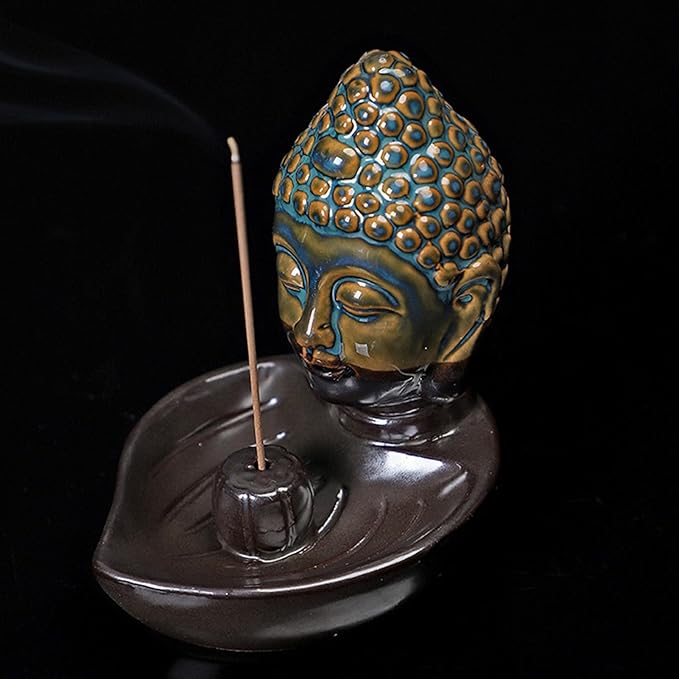 Buddha Head Incense Holder for Sticks, Small Ceramic Incense Burner Healing, Meditaiong, Zen, Timer of Spa or Yoga, with Ash Catcher (Blue)