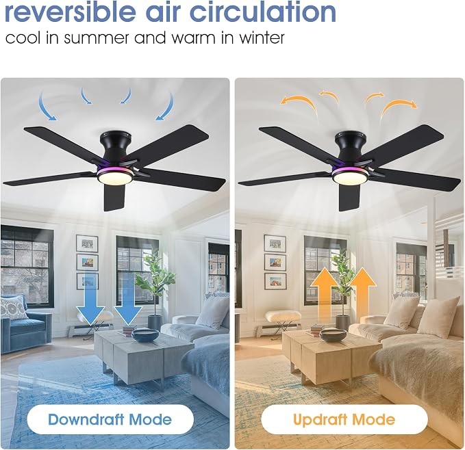 52"Black Modern Low Profile RGB Ceiling Fans with Lights and Remote/APP | 14 RGB Modes,Supports Remote and APP,6 Wind Speeds, Reversible, Dimmable 3 CCT LED, 30W DC Motor,Suits for Bedroom Kidsroom
