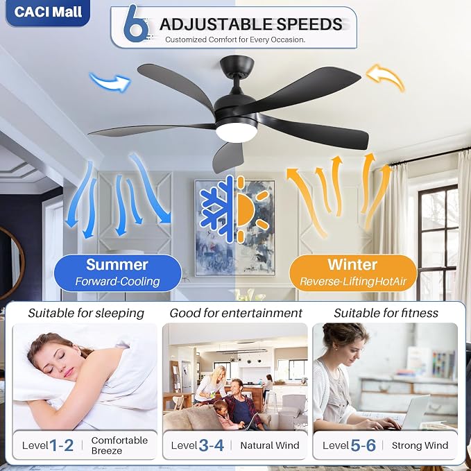 CACI Mall 52 inch Smart Ceiling Fan with Lights, Remote Control, Compatible with Alexa/Google/App, 5 Blades, Dimmable Lighting, Quiet, Indoor/Outdoor Ceiling Fans for Living Room, Bedroom, Patios