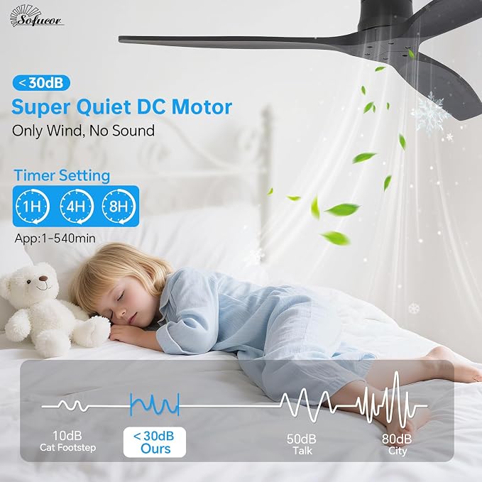 Sofucor 52" Smart Ceiling Fan No Light, Solid Wood Low Profile Ceiling Fan with Remote, Flush Mount Ceiling Fan Works with Alexa/Google/App 6-Speed Timing Reversible DC Motor for Living Room Bedroom