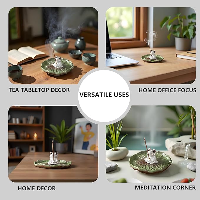 Cute Ceramic Frog Incense Holder with Ash Catcher - Japanese Zen Lotus Design Stick Burner for Meditation, Home Decor & Spiritual Gifts for Women