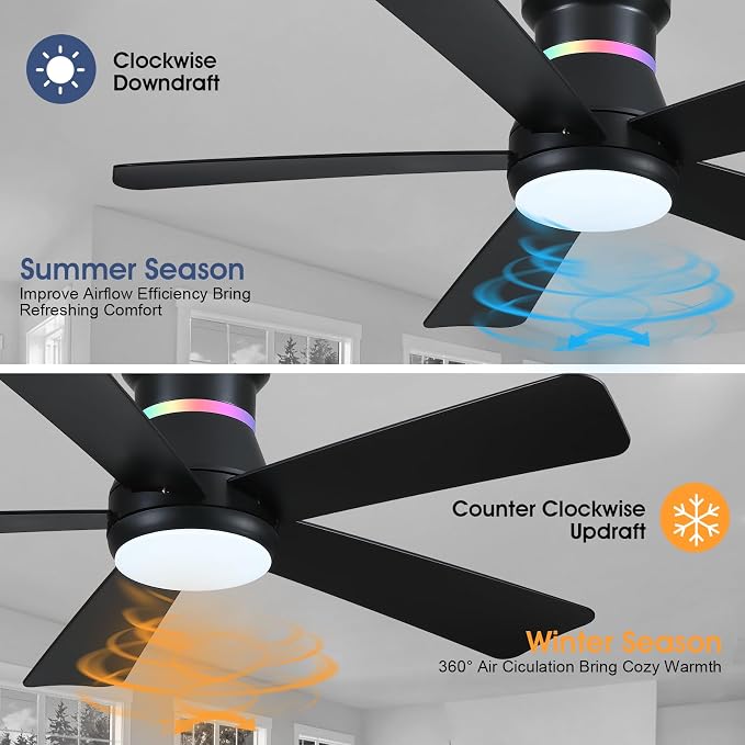 Surtime 46" Black Ceiling Fans with RGB Lights - Flush Mount Ceiling Fan Light with LED 3CCT Dimmable, Modern Low Profile Ceiling Fans for Indoor Party,Covered Outdoor