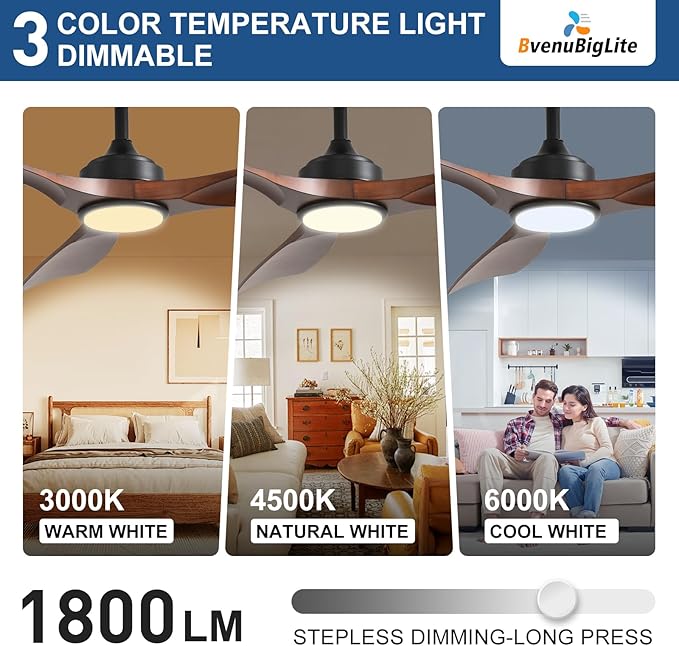 Outdoor Ceiling Fan with Light: 52 Inch 3 Blade Outdoor Fans for Patios - Modern Walnut Ceiling Fan with Dimmable Light Remote Control Ultra Quiet Reversible DC Motor Timer
