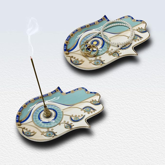 Ceramic Hamsa Hand Incense Holder - 2 in 1 Brass Incense Holder for Sticks and Coil Incense- Zen Decor with Hand of Fatima Design Protection from Evil - 6.2" L X 4.5" W (Blue)