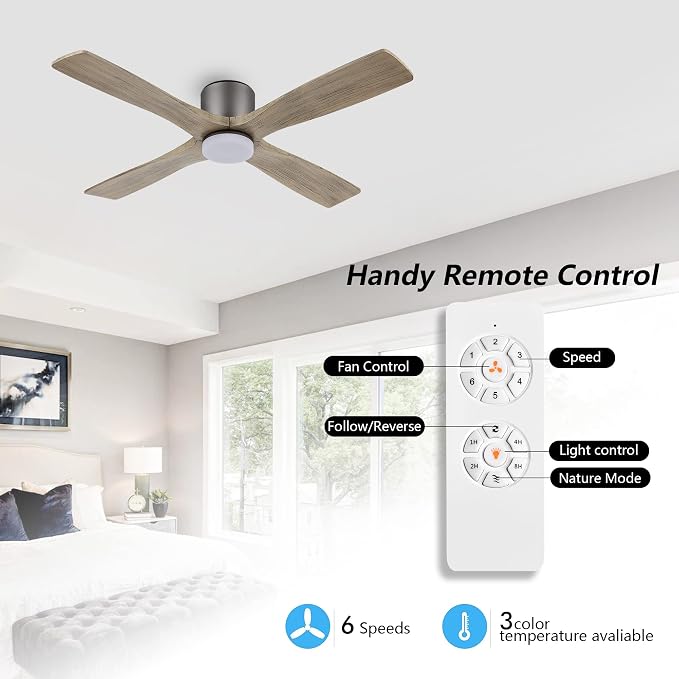 WINGBO 54 Inch Flush Mount DC Ceiling Fan with Lights and Remote, 4 Reversible Carved Wood Blades, 6-Speed Noiseless DC Motor, Hugger Ceiling Fan in Graphite Finish with Gray Blades