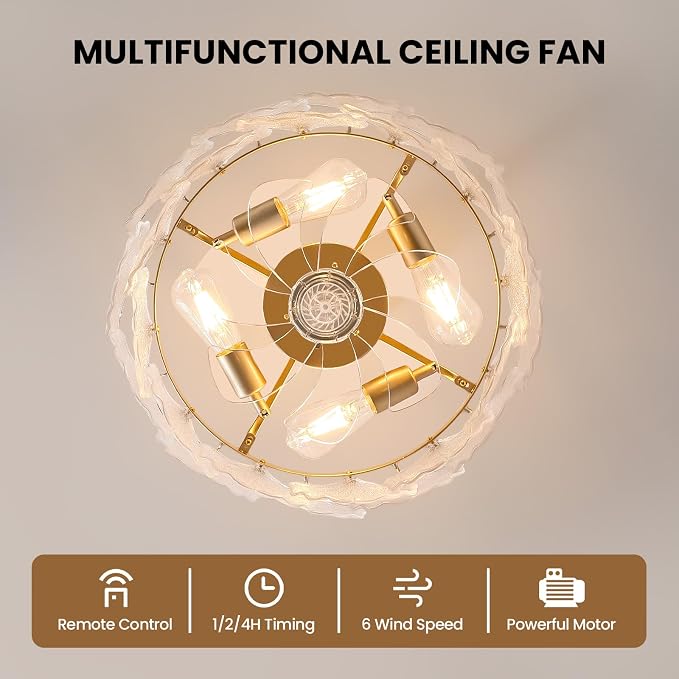 20'' Fandelier Ceiling Fans with Lights, Gold Caged Ceiling Fan with Remote Low Profile, 6 Speed and Gingko Leaf, Modern Semi Flush Mount Ceiling Fan for Bedroom, Living Room, Nursery