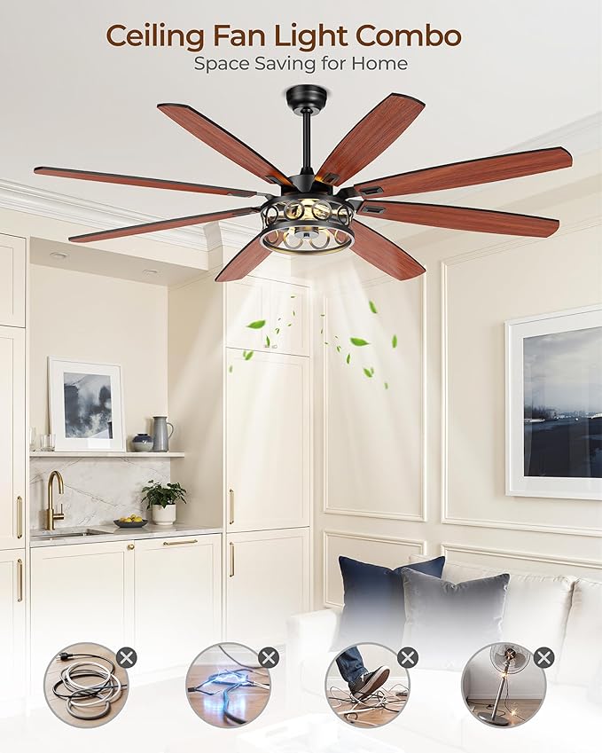 Ceiling Fans with Lights and Remote, 72'' Vintage Caged Ceiling Fan with Light, 8 Blades, 6+1 Speed, Flush Mount Ceiling Fan Whisper-quiet for Farmhouse, Living Room, Kitchen and Porch (72 Inch)