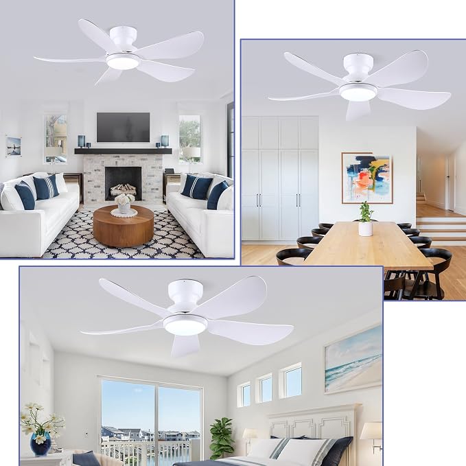 Kviflon 46 Inch Modern Ceiling Fans with Lights, Flush Mount Ceiling Fan with Light and Remote/APP Control, 5 Reversible 6 Speeds Curved Blades, 3 CCT Dimmable Lights for Bedroom, White