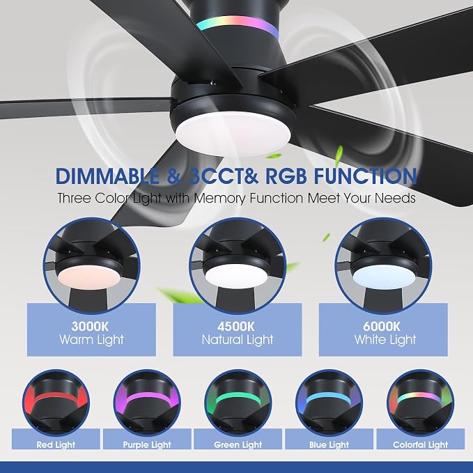 Surtime 46" Black Ceiling Fans with RGB Lights - Flush Mount Ceiling Fan Light with LED 3CCT Dimmable, Modern Low Profile Ceiling Fans for Indoor Party,Covered Outdoor