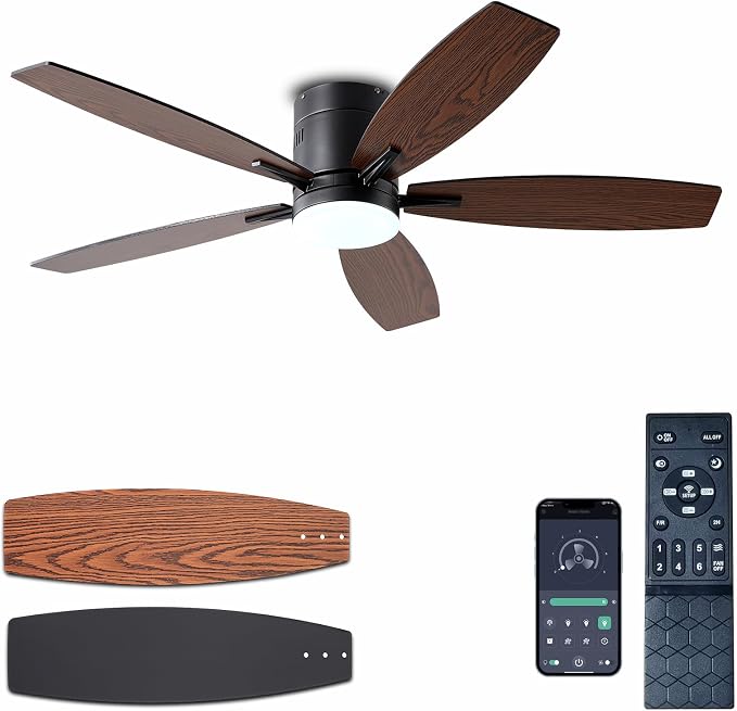 Ayaoty Ceiling Fans with Lights, 52" Low Profile Indoor Ceiling Fan with Light and Remote Control, Dimmable, Noiseless, Reversible, Brown Ceiling Fan for Bedroom, Indoor/Outdoor Use