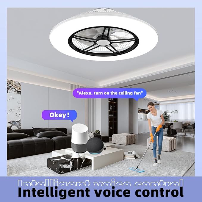 BAYSQUIRREL Alexa WiFi Low Profile Ceiling Fan with Light Flush Mount Enclosed Ceiling Fan LED Dimmable Bladeless Ceiling Fans with Google Assistant/App Control,6 Speed Dimmable LED-RGB Lights 22inch