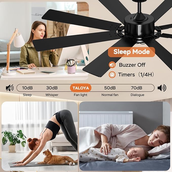 TALOYA 62 Inch Ceiling Fans with Lights and Remote Flush Mount Low Profile for Living Room Farmhouse Bedroom Patio Outdoor Dining Room,DC Motor,Reversible,Buzzer Mute,Dimmable Led Light,Rustic,Black