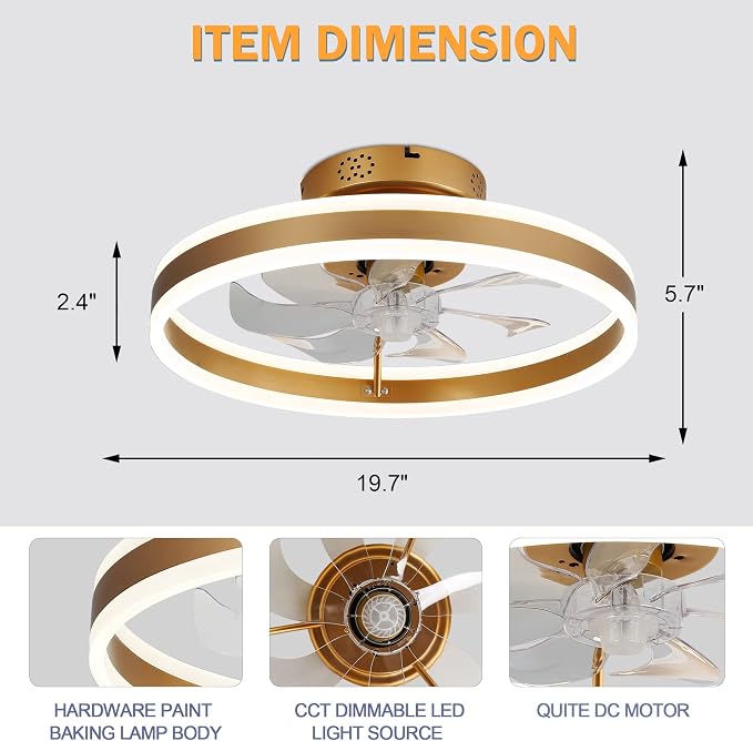20 Inch Low Profile Ceiling Fans with Remote Control and APP,Kids Modern Indoor Ceiling Fan with Lights,3 Light Color Change and 6 Speeds for Bedroom,Living Room,Kitchen