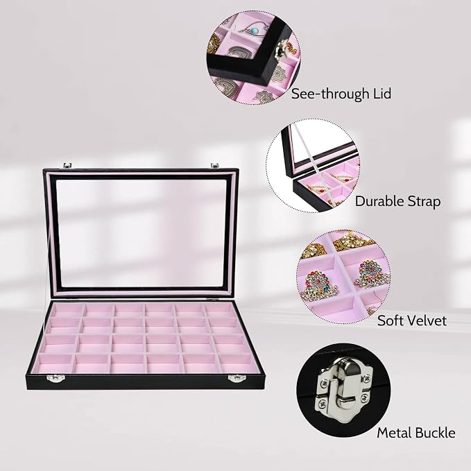 Stratalife 24 Grid Earring Organizer, Jewelry Holder Organizer with Lid | PU Leather Storage Box for Earring, Ring, Studs and Trinkets, Soft Velvet Drawer Organizer for Women, Dustproof, Pink Black