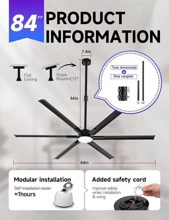 84In Large Ceiling Fan with Black Aluminum Blades,Industrial Ceiling Fan with Dimmable Light,12"/24" Downrod,Extension Coupler,6 Speed,Noiseless DC Motor Indoor Outdoor Covered Patio,Commercial