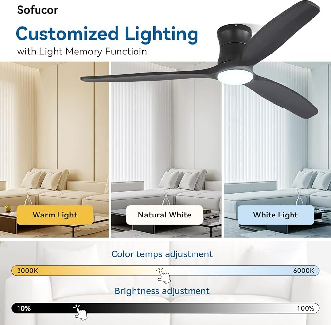 Sofucor 52" Smart Ceiling Fan, Solid Wood Ceiling Fan with Lights and Remote, Flush Mount Ceiling Fan Works with Alexa/Google/App, Dimmable 6-Speed Timing Reversible DC Motor for Bedroom Living Room
