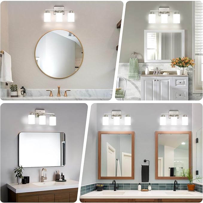 FonmYim Brushed Nickel Bathroom Light Fixtures, 3-Light Modern Vanity Light Over Mirror, Wall Sconces with Milky White Frosted Glass Shades, E26 Socket (Bulbs Not Included)