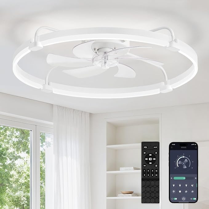 LEDIARY 30" Ceiling Fans with Lights and Remote, Low Profile,Large, White | 3000K-6000K Stepless Dimmable Fandelier, Reversible DC Motor, Remote and APP Control, Bedroom Kitchen Living Room Fan Light