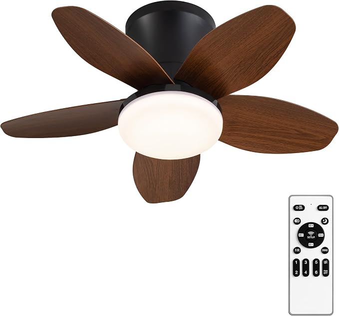 25" Small Ceiling Fans with Lights & Remote,Flush Mount Reversible 6 Speeds | 5 Blades, Adjustable Color Temperature, Dimmable, Timer, Low Noise for Bedroom, Kitchen, Study, Laundry Room, Brown