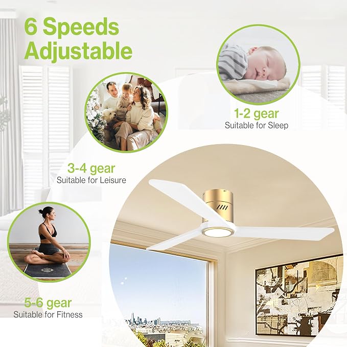 DAMINY Natural Solid Wood White and Gold 52 inch Ceiling Fan with Light,3 Blades,6CCT,Low Profile Ceiling Fan with Light and Remote Control, APP Control,Flush Mount