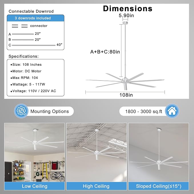 Ohniyou 108'' Industrial Ceiling Fan No Light for Warehouse, Silver | 20000 CFM Airflow, 7 Aluminum Blades, Remote/APP Control, 6 Speeds, Reverse Mode, Large Commercial Metal Fan for Barn, Shop