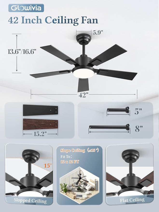 42 Inch Ceiling Fans with Lights and Remote&APP Control, Black Smart Ceiling Fan with 3000-6000K Dimmable, 6 Speeds Quiet Reversible Motor, Indoor/Outdoor Ceiling Fan for Bedroom Living Room