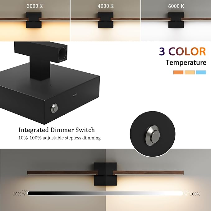 Rayogale Black Walnut Rechargeable Wall Sconce with Remote Control 40 Inch | 3000/4500/6000K Dimmable 8000mAh Wireless Battery Operated Wall Sconces Set of Two with Timer for Living Room, Bedroom, TV