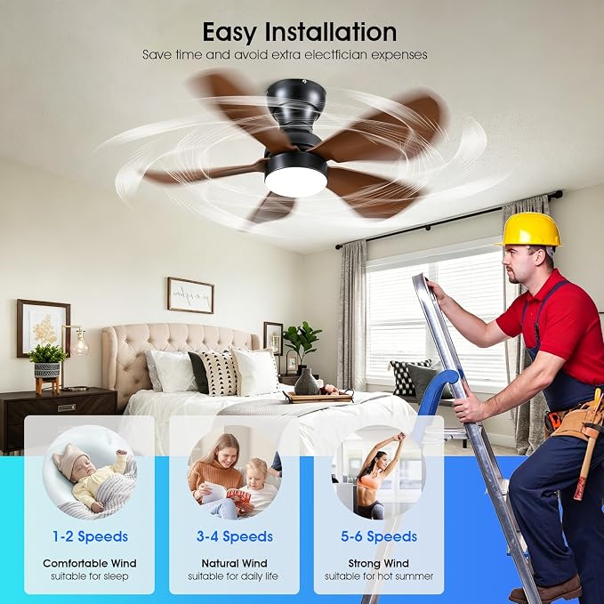 Kviflon Ceiling Fans with Lights and Remote/APP Control, 30 inch Low Profile Ceiling Fans with 5 Reversible Blades 3 Colors Dimmable 6 Speeds Ceiling Fan for Bedroom Dining Room, Wood Color