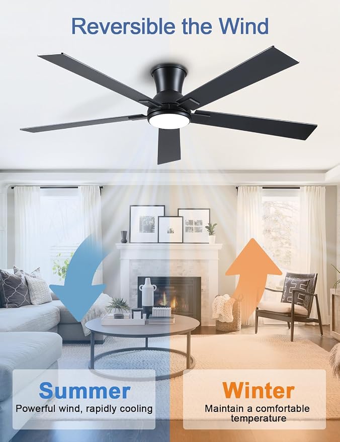 60 Inch Black Flush Mount Ceiling Fans with Lights, 3CCT Dimmable LED, 6-Speed Remote Control, Reversible Motor,Quiet Low Profile Energy-Efficient for Bedroom & Living Room,ETL Listed