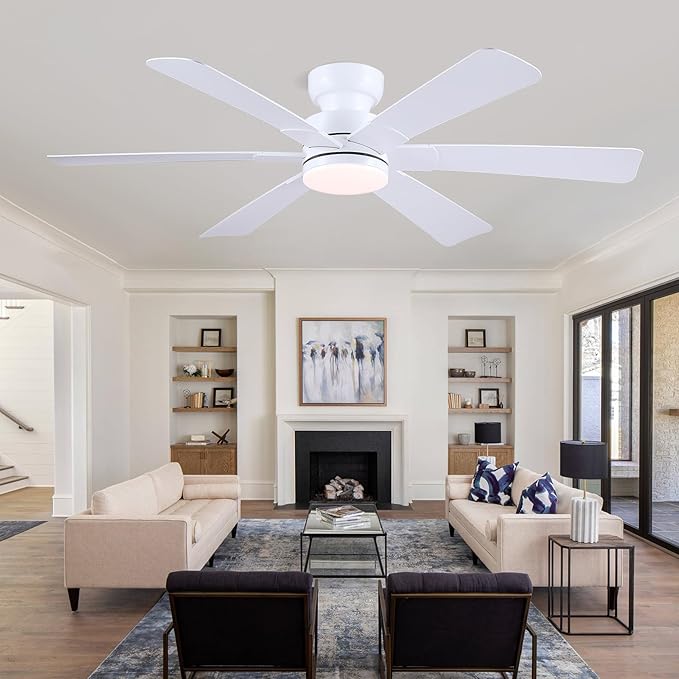 52"6-Blades White Low Profile Flush Mount Ceiling Fan with Light and Remote | Super Large Airflow with 6 Wind Speeds, Reversible, Dimmable 3CCT LED, 30W Quiet DC Motor,Suits for Bedroom Kitchen