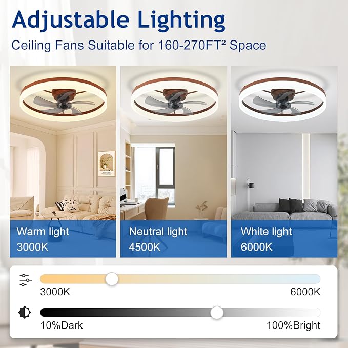 DLLT Bladeless Ceiling Fans with Lights: 24 Inch Modern Flush Mount Low Profile Ceiling Fan with APP Remote Control - Brown Enclosed LED Fandelier Dimmable Quiet DC Motor for Bedroom Living Room