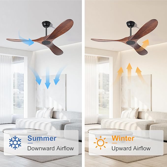 heimo 52 Inch Ceiling Fan No Light, Wood Indoor Outdoor Ceiling Fans Without Lights for Patios Bedroom Living Room Modern Propeller Exterior 3 Blade Wooden Fan with Remote Control(Walnut)