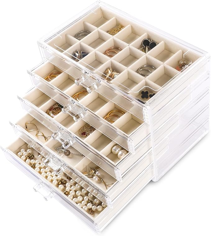 Frebeauty Acrylic Jewelry Box for Earring,Jewelry Organizer with 5 Drawers | 61 Jewelry Storage Grid for Rings Stud Bracelet,Transparent Appearance,Earring Holder Organizer for Women,Velvet Lining