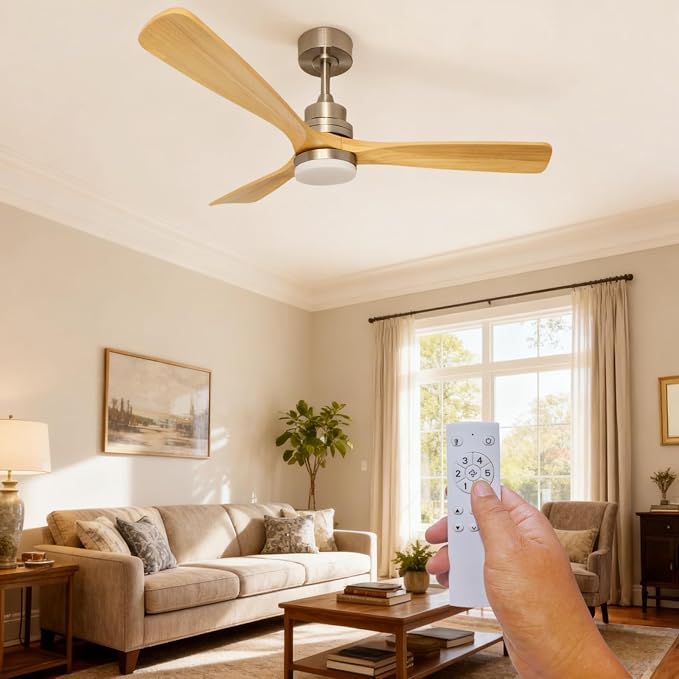 52-inch Wooden Ceiling Fan With Light,With Remote Control, 3 Solid Wood Fan Blades,Suitable for indoor areas, Living rooms, Dining rooms, Bedrooms,Terraces, and Porches.Brushed Nickel+Natural Wood