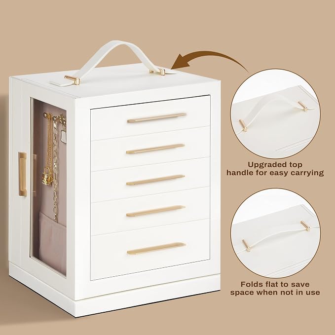 360° Rotating 5‑Drawers Jewelry Box with Top Handle & Glass Window, Spacious Vertical Jewelry Organizer, Jewelry Storage Case, Dustproof & Moisture‑resistant Design. (White)
