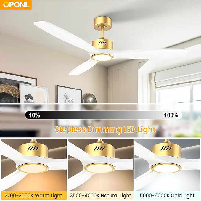 OPONL Ceiling Fan with Light, Ceiling fan with Light and Remote Control, Reversible, 6CCT, Dimmable, Noiseless, Ceiling Fan for Bedroom, Indoor/Outdoor Use, White, 52 inch, Wood