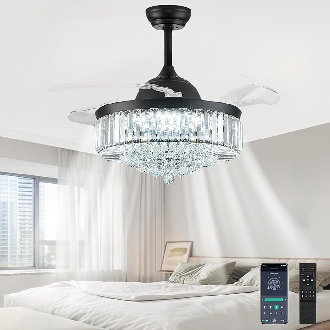 48 Inch Fandelier Ceiling Fans with Light, Chandelier Ceiling Fan, Retractable Ceiling Fan for Bedroom, Living Room, 3 Color Change, LED Dimmable, 6 Speeds, Reversible DC Motor- Black