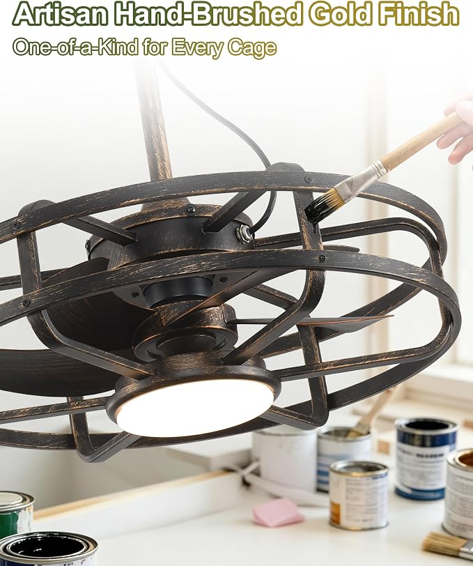 20" Outdoor Ceiling Fan with Light – Waterproof Plug-In Smart Fan for Porch, Pergola & Gazebo, 4CCT Color Adjustable, Alexa & Google Compatible, Caged Design, Brushed Gold Finish