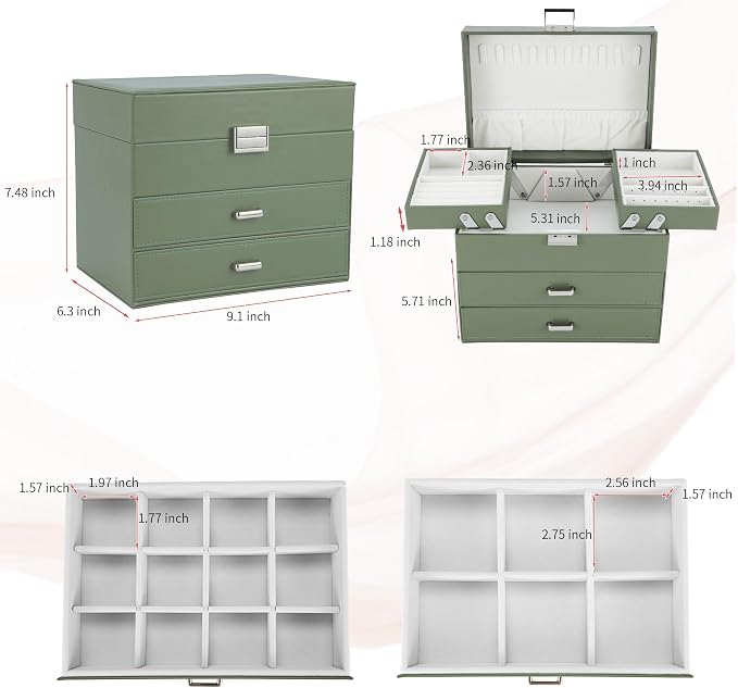 Dajasan Jewelry Organizer Box, Large Jewelry Boxes for Women Girls, Space-Saving 4 Layers Jewelry Storage Case with Drawer, Movable Metal Stand, Modern, Gift Idea (Green)