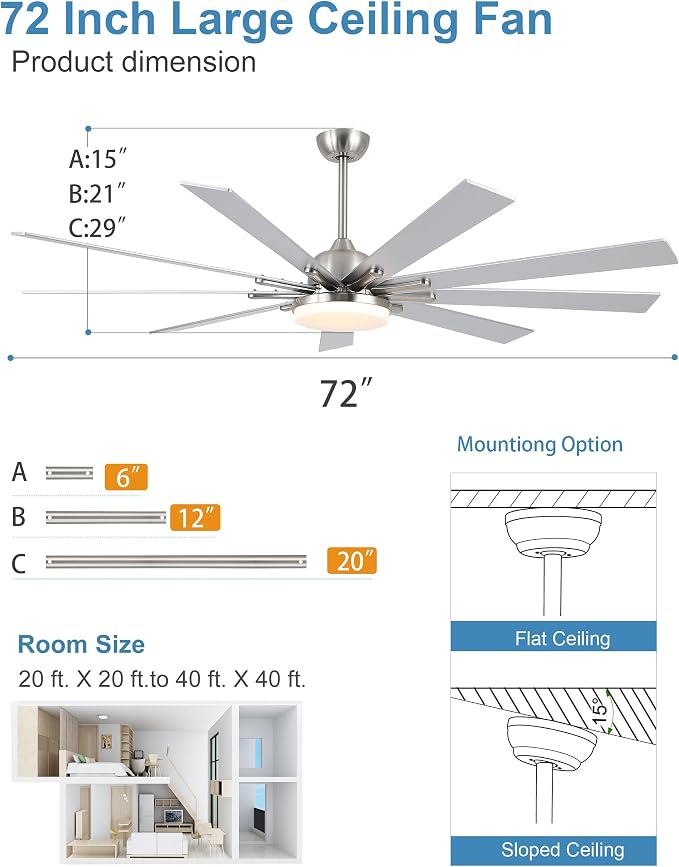POCHFAN 72 Inch Ceiling Fans with Lights,Large Modern Ceiling fan with Remote and 9 Wooden Blades,Dimmable,6 Speeds,Noiseless Reversible Indoor&Outdoor Fan for Bedroom,Patio,Living Room