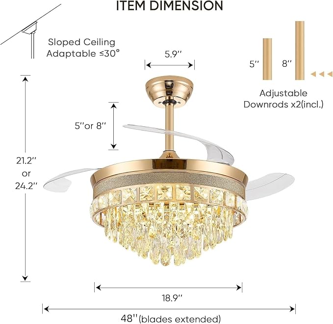 48 Inch Chandelier Ceiling Fans with Lights, Retractable Ceiling Fan with Lights, Crystal Fandelier Ceiling Fan for Bedroom Living Room, LED Dimmable, 6 Wind Speed,3 Color Temperatures-Gold