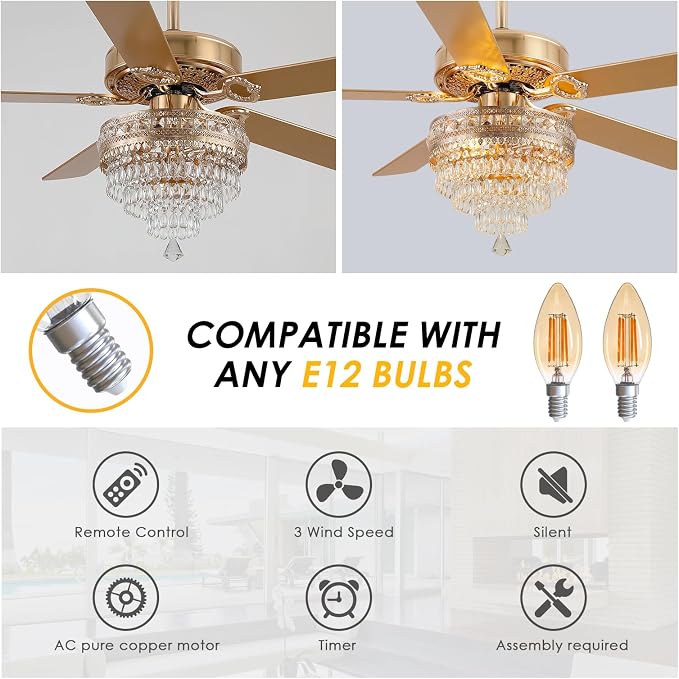 52"Golden Crystal Chandelier Ceiling Fans with Lights and Remote Control | Classical Design,6 Reversible Speeds,30W Quiet DC Motor,5 Wooden Blades,2*E12 LED Bulbs Included,for Living Room Bedroom
