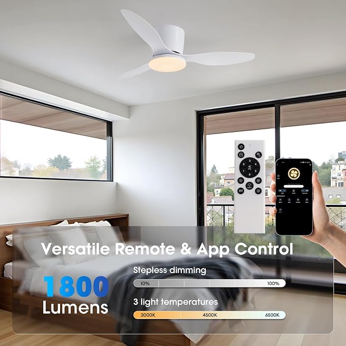 52 Inch Flush Mount Ceiling Fans with Lights and Remote Control, White Low Profile Ceiling Fan for Bedroom, Living Room,Office,Kitchen,Patios Indoor and Outdoor Use