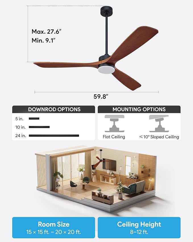 VONLUCE Wood Ceiling Fan with Lights, 60 Inch Ceiling Fan and Remote, 6 Speed Reversible Noiseless DC Motor, 3CCT, Solid Wood Outdoor Ceiling Fan for Patios Farmhouse, Walnut