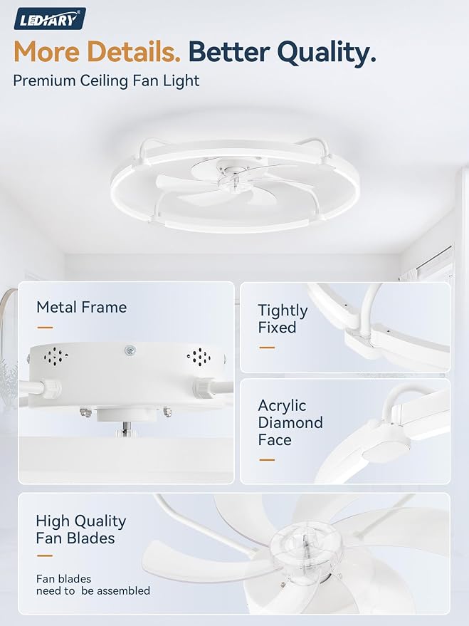 LEDIARY 30" Ceiling Fans with Lights and Remote, Low Profile,Large, White | 3000K-6000K Stepless Dimmable Fandelier, Reversible DC Motor, Remote and APP Control, Bedroom Kitchen Living Room Fan Light