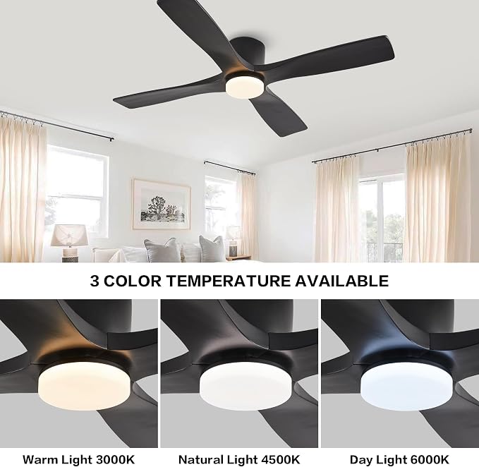 WINGBO 48 Inch Flush Mount DC Ceiling Fan with Lights and Remote, 4 Reversible Carved Wood Blades, 6-Speed Noiseless DC Motor, Hugger Ceiling Fan in Black Finish, Low Profile Ceiling Fans, ETL Listed