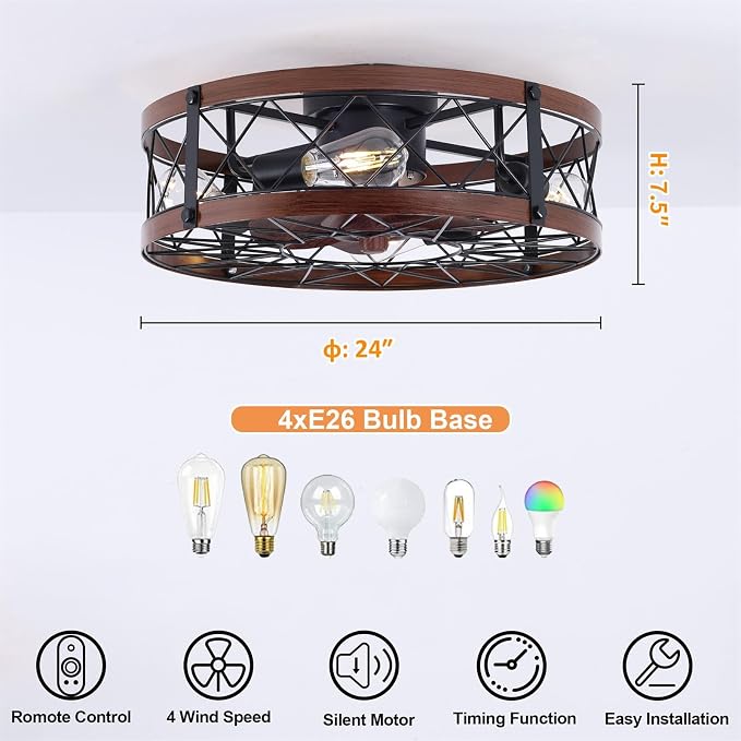 24" Farmhouse Flush Mount Caged Ceiling Fans with Lights, Rustic Low Profile Ceiling Fan with Light and Remote, Quiet Reversible DC Motor Bladeless Enclosed Ceiling Fan for Bedroom Dining Room Kitchen