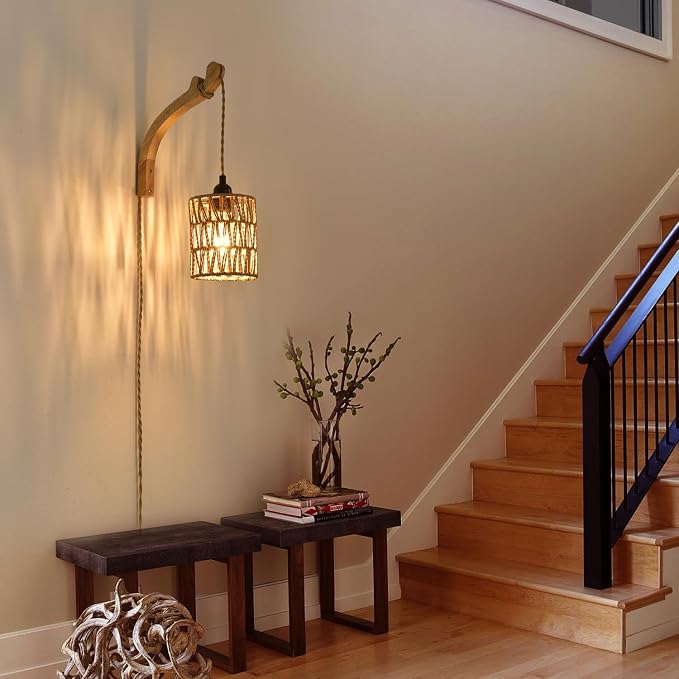 Plug in Wall Sconce,Farmhouse Wicker Wall Lamp Plug in,Hand Woven Rattan Wall Light Farmhouse Rustic Boho Sconces Wall Lighting for Living Room Bedroom