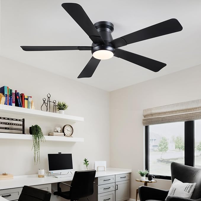 Hounberi 52" Flush Mount Ceiling Fan with Lights and Remote, Modern Black Low Profile Ceiling Fan, Quiet Reversible DC Motor, 3CCT Dimmable LED, Ideal for Bedroom, Living Room and Low Ceilings, Black