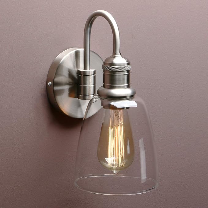 Yosoan 1-Light Brass Modern Vintage Indoor Wall Sconce, Vanity Single Luxury Hardwired Retro Textured Clear Oval Cone Glass Shade with Industrial Curved Rod Bathroom Lamp(Brushed)